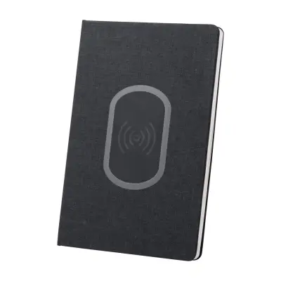 Carnet A5 din poliester 300D cu încărcător wireless de 5W, 80 pagini liniate și cablu USB inclus