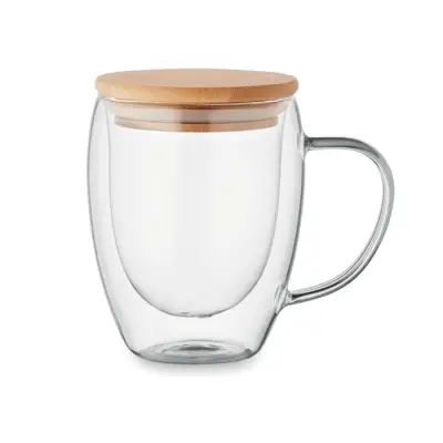 Cană borosilicată cu perete dublu, mâner și capac bambus, 250 ml